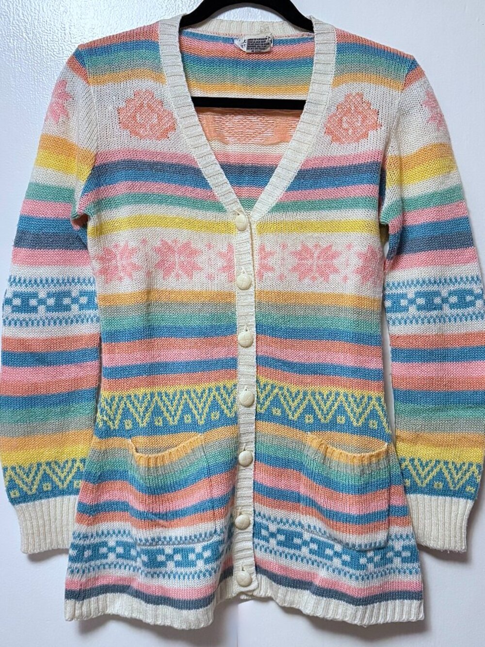 Rare 1970s Vintage Betsey Michael Milea Johnson Intarsia Knit Fair Isle Cardigan